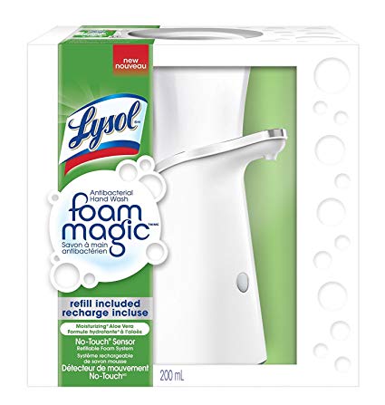 Lysol Foam Magic, Antibacterial No Touch Automatic Hand Wash System Includes 1 Foam Soap Dispenser + 1 Pack of Aloe Vera 6.76 Fl.Oz